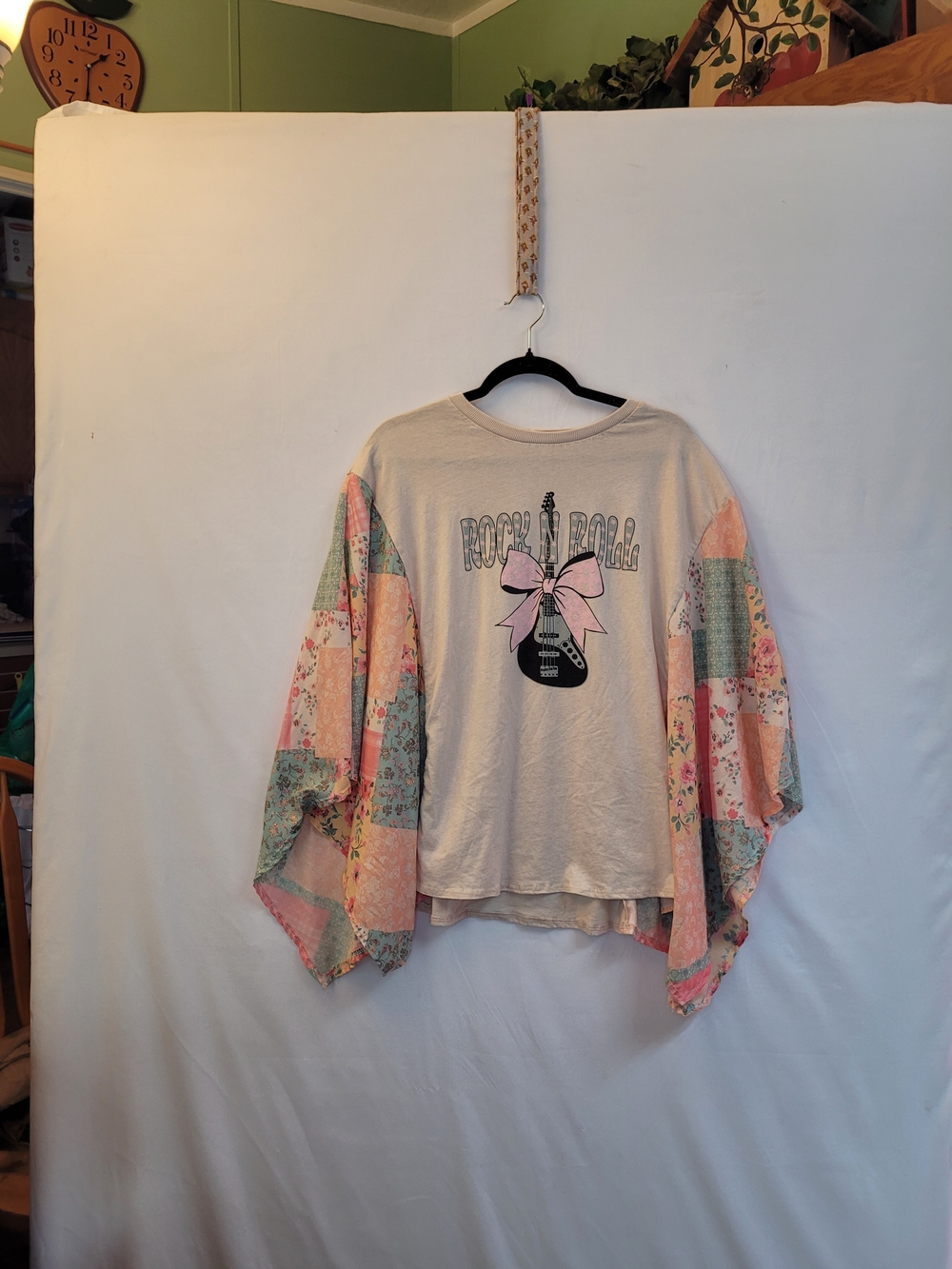 J-her Cream Graphic Top with Pastel Patchwork Kimono Sleeves